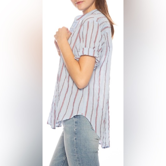 Xirena Striped Cotton Button Front Tunic Shirt Blue Oversized Short Sleeve Small - Picture 2 of 12